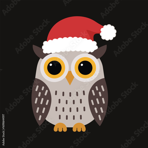 Cute cartoon owl wearing a red Santa hat on a black background Keywords: owl, bird, christmas, santa