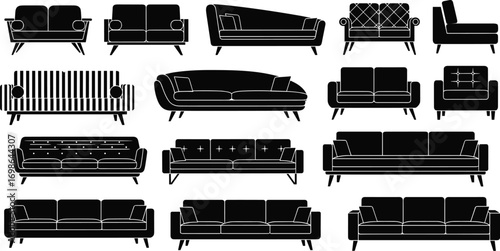 Set of sixteen modern sofa silhouettes in various styles, minimalist black furniture icons for interior design, home decor, and living room concepts