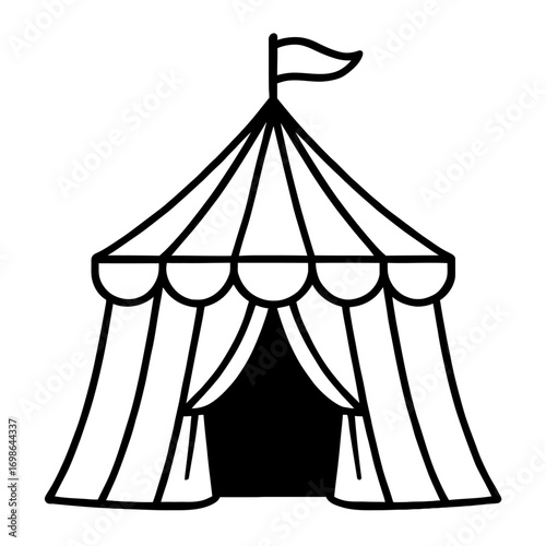 Classic circus tent icon outline, a big top vector graphic, featuring a conical roof and a flag, with an inviting draped entrance, perfect for carnival, festival, and event themes, ideal for digital d
