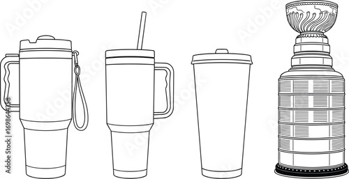 Set of travel mugs, tumblers, and championship trophy outline icons, black line vector illustration for sports, beverage, and drinkware design concepts