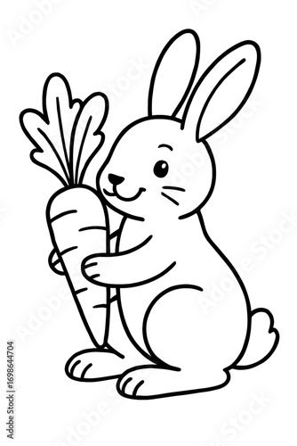 Adorable cartoon bunny rabbit holding a large fresh carrot, smiling happily in a simple black and white outline drawing, perfect for children's coloring books, early education activities, and cheerful