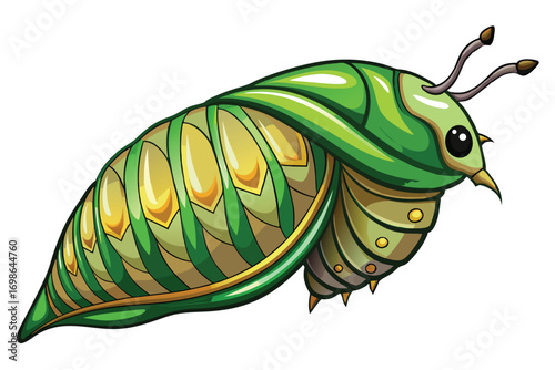 Vibrant Green and Gold Insect Creature with Pointed Tail and Antennae, a Stylized Fantasy Insect Illustration on White