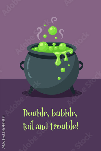 Greeting card. Halloween witch cauldron with bubbling green magic potion and spooky steam on purple background.