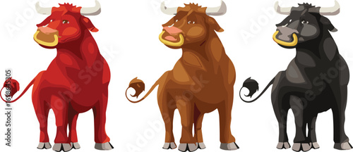 Colorful cartoon vector illustration of three bulls in red, brown, and black, perfect for farming, animal, and livestock designs