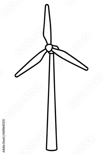 Minimalist black outline drawing of a towering wind turbine with three rotating blades, symbolizing renewable energy, clean power generation, and sustainable future technology for green electricity pr