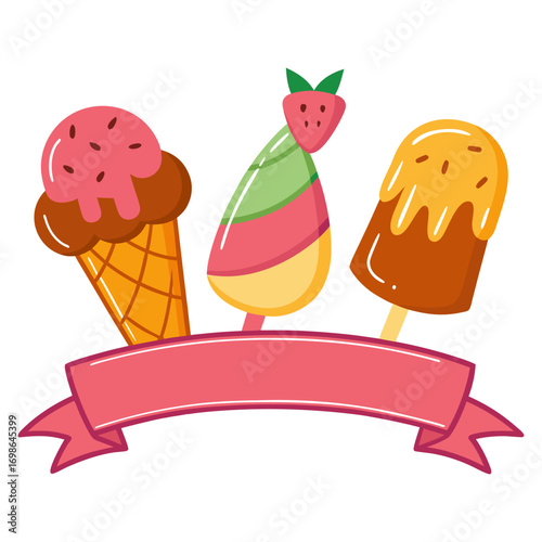 Cute Ice Cream and Popsicles with Ribbon Banner Vector Illustration