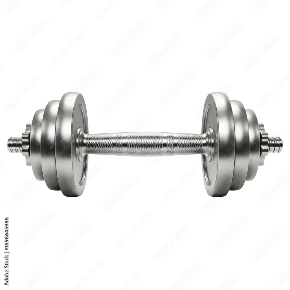 Naklejka premium Shiny metal dumbbell with adjustable weight plates isolated on white background