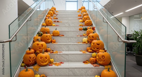 Carved pumpkins adorn a modern office staircase, creating a festive Halloween display.