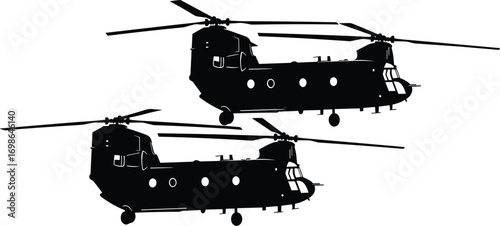 Silhouette of two Chinook helicopters in flight, tandem rotor military transport aircraft vector illustration for aviation, defense, and air force design concepts