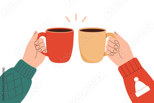 Cozy Christmas Vector with Multicultural Friends Toasting Coffee Mugs. Hot Chocolate Celebration in Winter Sweaters. Warm Holiday Illustration Showing Unity, Friendship, and Seasonal Joy