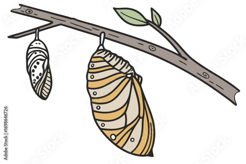 Cartoon Drawing of Butterfly Chrysalis on a Branch, Depicting Two Stages of Butterfly Development