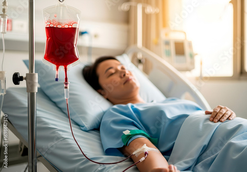 Patient receiving blood transfusion in a hospital