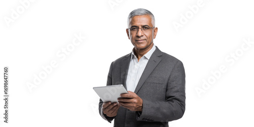 A man in a gray suit and glasses is holding a tablet