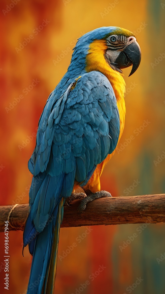 Fototapeta premium A stunning vibrant portrait of a macaw perched on a branch with colorful plumage and background