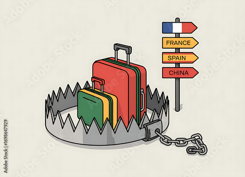 Luggage trapped in a bear trap near a travel destination sign