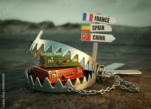 Luggage trapped in a bear trap with destination signs