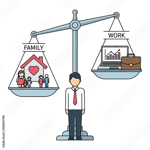 Vector art of man balancing work and family on a scale