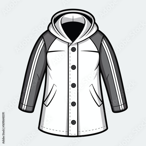 Monochrome vector illustration of a stylish hooded raincoat or parka with striped sleeves, isolated outdoor apparel template