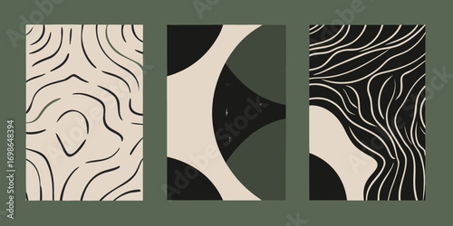 Set of three abstract minimalist art prints with organic shapes and wavy lines in neutral tones