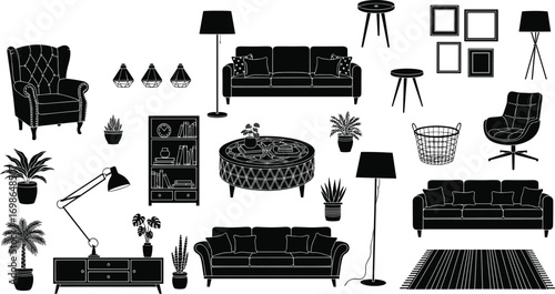 Silhouettes of living room furniture and home decor items including sofas, chairs, lamps, plants, rugs, wall art, vector illustration set