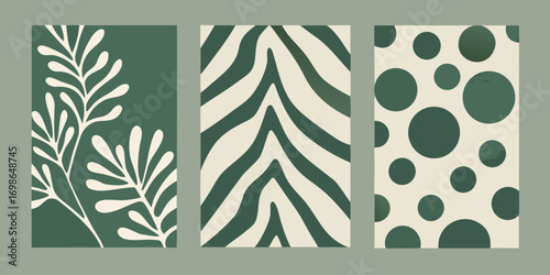 Set of three abstract minimalist art prints featuring botanical leaf pattern zebra stripes and polka dots
