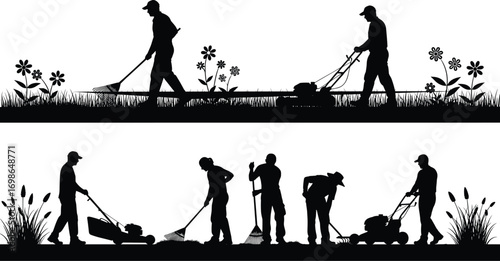 Silhouettes of people performing lawn care and gardening tasks with tools, mowing, raking, shoveling, landscaping, outdoor maintenance, high‑contrast vector illustration set