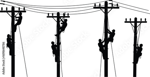 Silhouettes of utility workers climbing electrical poles for maintenance and repairs, linemen safety harnesses on power lines vector illustration