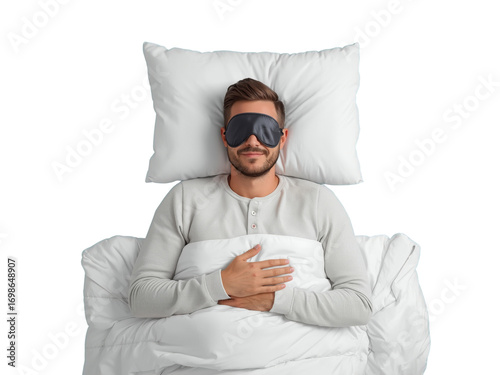 Serene slumber of a handsome man in sleep mask on transparent isolated field