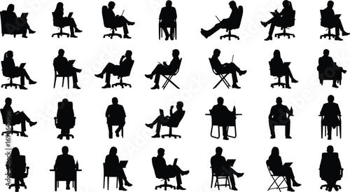 Silhouettes of people sitting in various chairs working, reading, thinking, using laptops, diverse postures, ergonomic poses, business and leisure activities