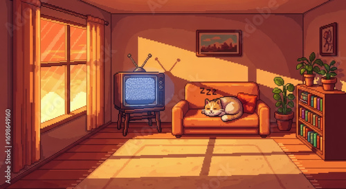 Cozy pixel art living room with sleeping cat on couch, tv, sunset, and plants for relaxation vibes