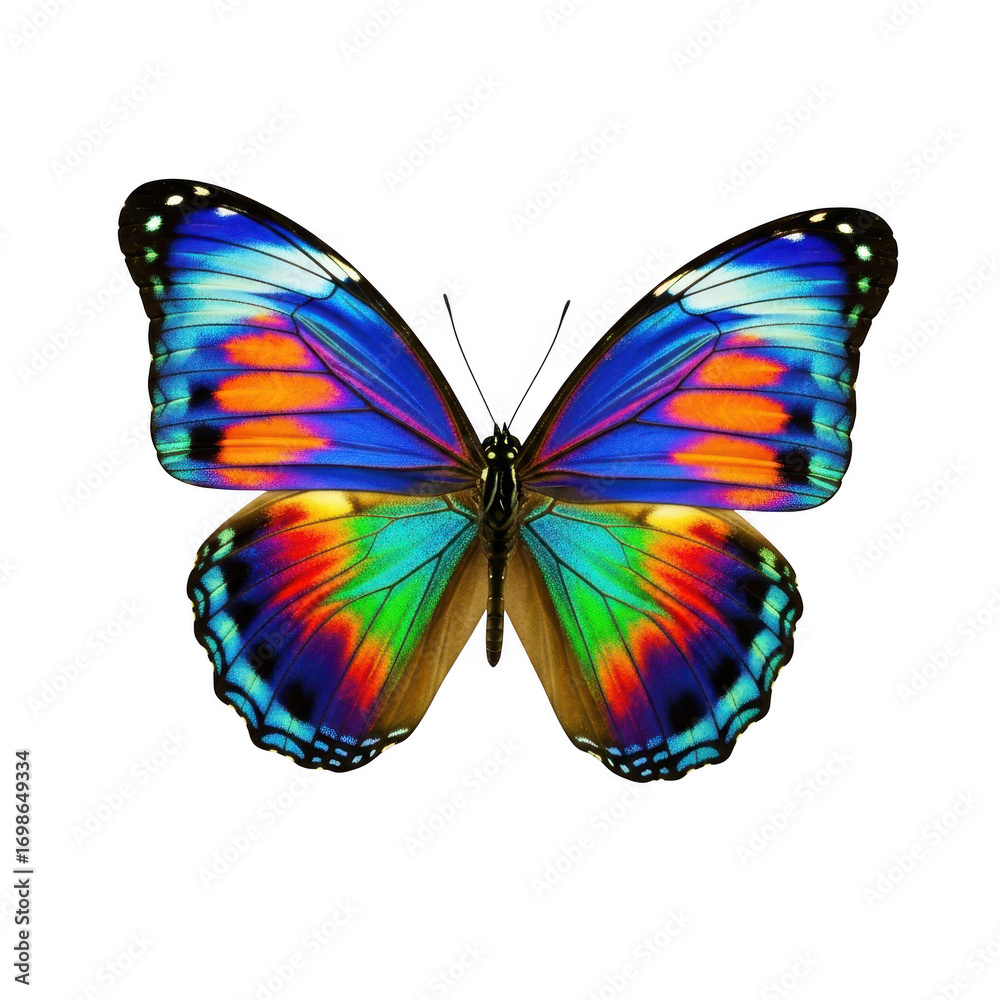 Obraz premium Vibrant rainbow butterfly wings detailed close-up macro photography nature beauty transparent background