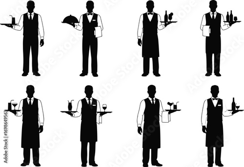 Silhouettes of waiters in formal service uniforms holding trays with drinks and food, restaurant catering staff, hospitality service, black vector illustration set