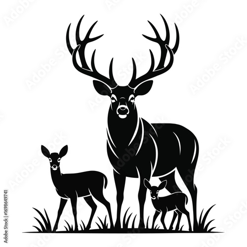 Silhouette of a large stag with massive antlers and two fawns in grass deer buck