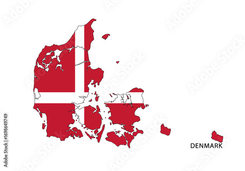 A map of Denmark is displayed filled with the Danish flag and labeled DENMARK in black