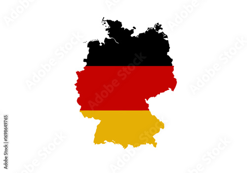 A map of Germany is colored with black red and gold to represent the countrys flag against a white background