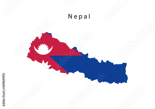 Flag of Nepal overlaid on an outline of the country on a white background with the word Nepal centered at the top