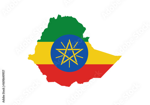 Ethiopia flag A green yellow red map outline with a blue circle and a gold emblem