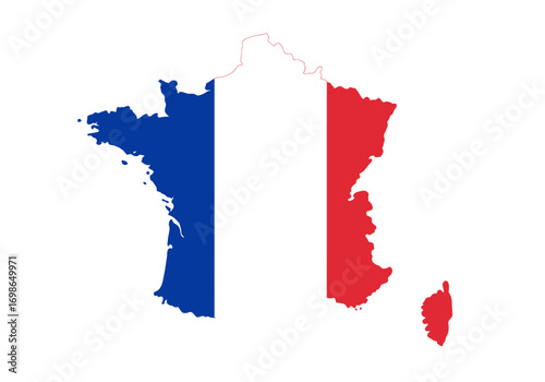 France map filled with the French flag blue white  red vertical stripes Corsica included