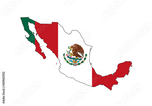 Mexico flag map tricolor with eagle emblem outlined in black