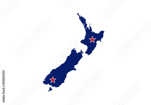 New Zealand map navy blue with red star symbols on a white background