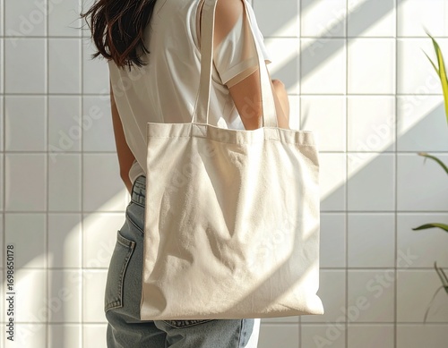 Hyperrealistic close-up of a plain beige canvas tote bag hanging on a person’s shoulder