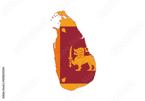 Sri Lanka flag map outlined in orange featuring a lion holding a sword on a dark red background
