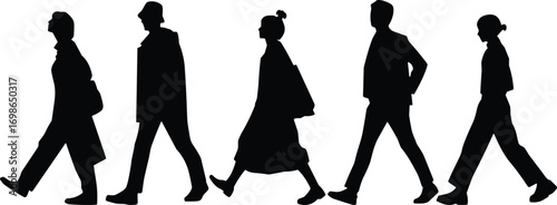 Silhouette vector illustration of five people walking, casual movement, diverse group, urban style, daily life, modern fashion, active lifestyle