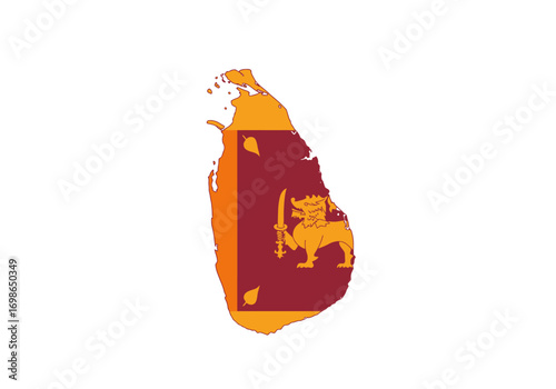 Sri Lanka outlined in orange flag overlaid with lion sword leaves on a white background