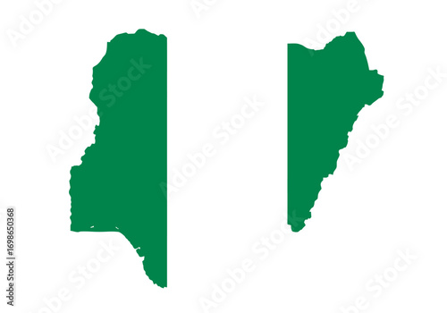 The flag of Nigeria with the two green stripes in the shape of the countrys borders