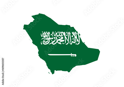 The image shows a green map of Saudi Arabia with white Arabic text and a white sword on top of it