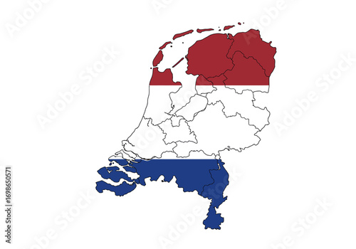 A map of the Netherlands depicted with the red white and blue of the Dutch flag surrounded by a white background