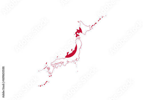 A red outline of Japan highlighting Hokkaido  central Honshu on a white background