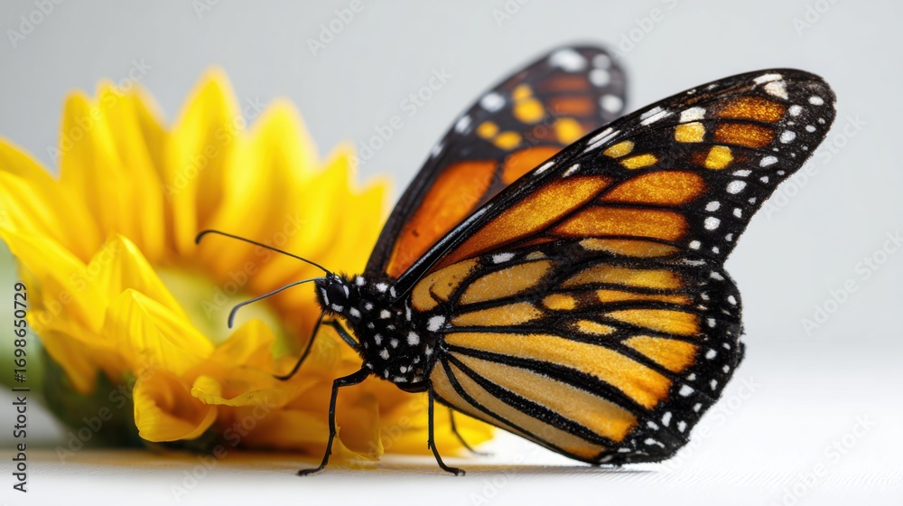 Fototapeta premium Monarch Butterfly Resting on Bright Yellow Sunflower Close-Up
