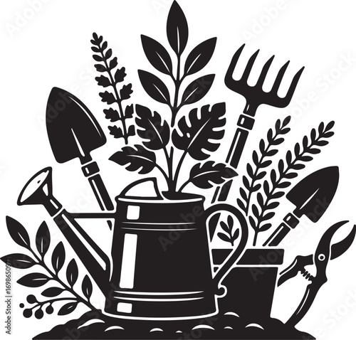 Gardening Tools Silhouette Vector Stock Image